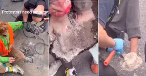 Screenshots of a TikTok video of climate activists cementing hands in protest.