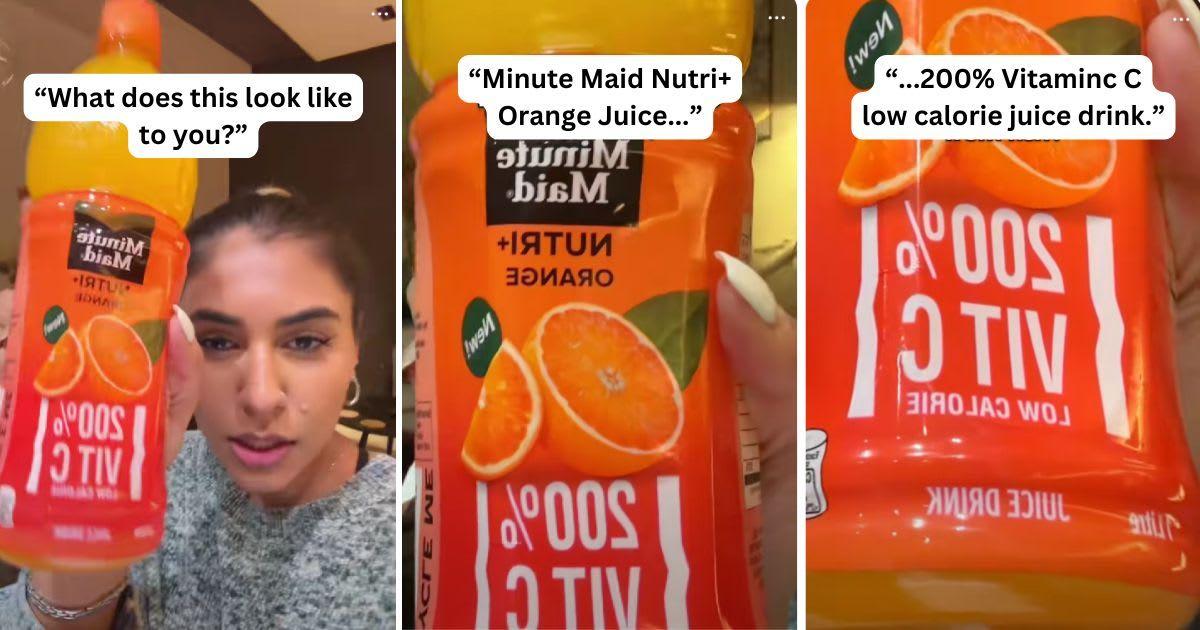 A woman shows a Minute Maid orange juice bottle. (Image Source: TikTok | @sadithebadi)