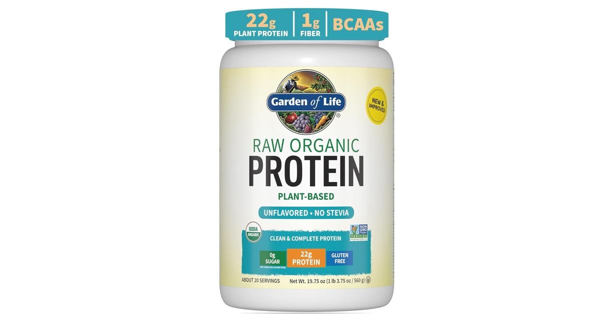 Organic Vegan Unflavored Protein Powder - Garden of Life in tub on white background