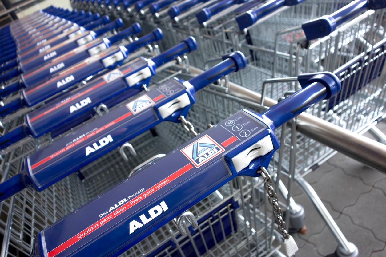 Shopping carts are pictured with the Aldi name on top of the blue handles.