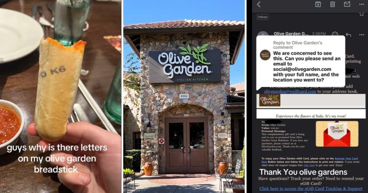 (L) Woman discovers mysterious letters on breadsticks, (C) Olive Garden restaurant entrance, (R) Olive Garden's response (Cover Image Source: (L, R) TikTok | @fartbubble69420, (C) Instagram | @olivegarden)