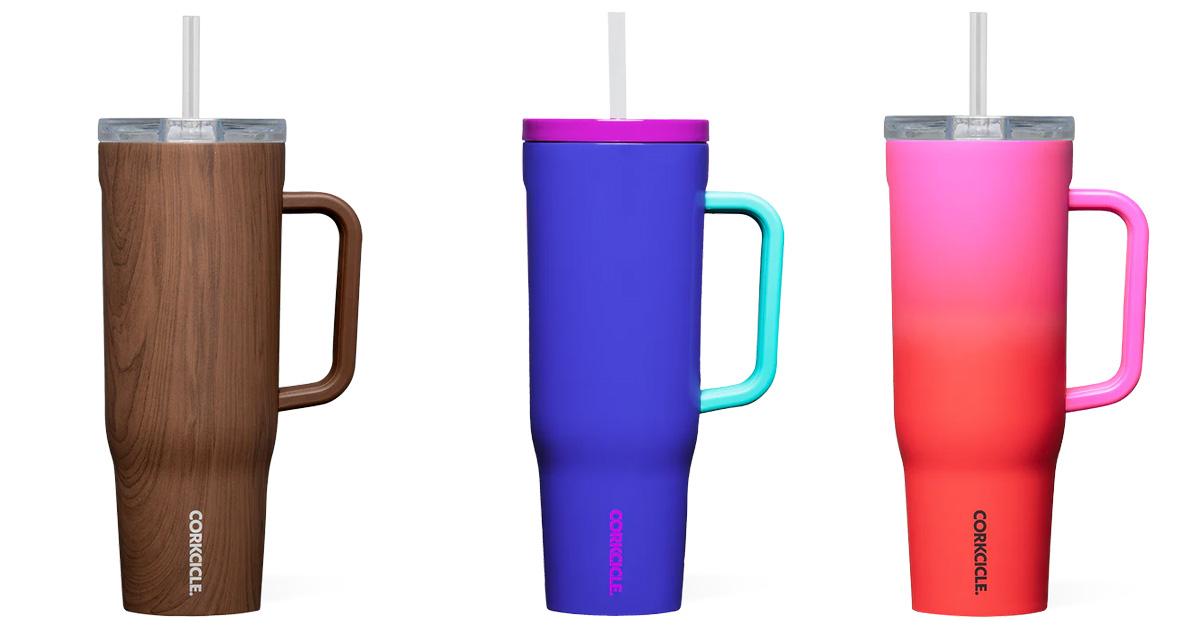 Three water bottles with handles and straws in wood grain, purple, and red.