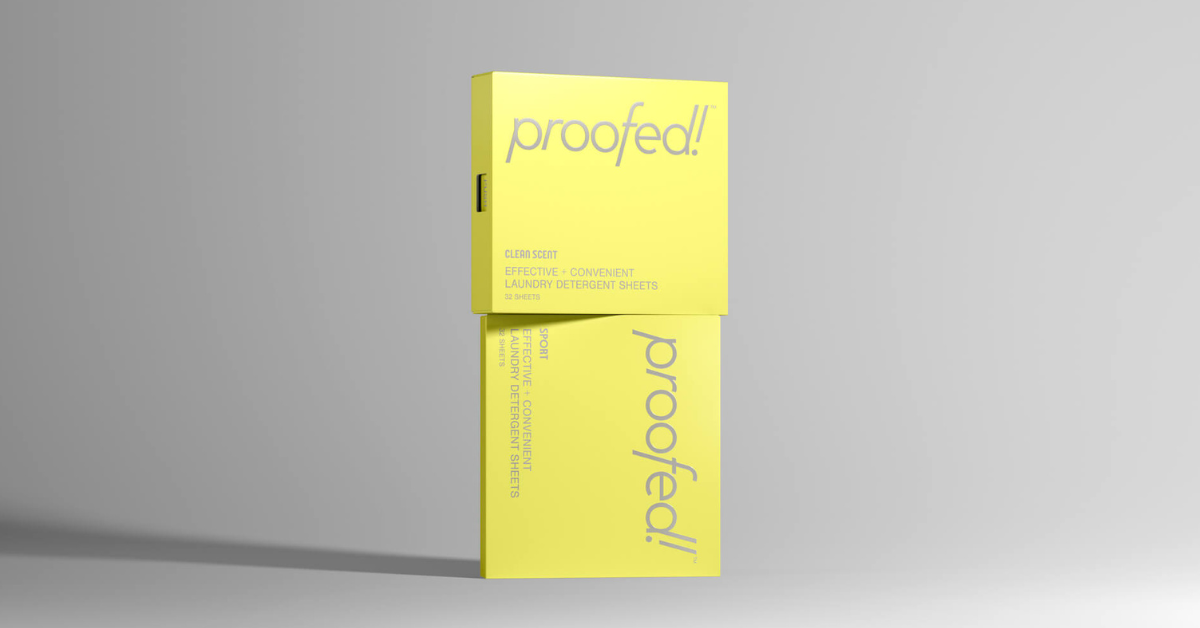 Two boxes of proofed! laundry sheets stacked on top of one another