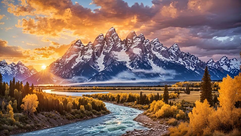 The Grand Teton Mountains are pictured at sunset with the Snake River in the foreground.