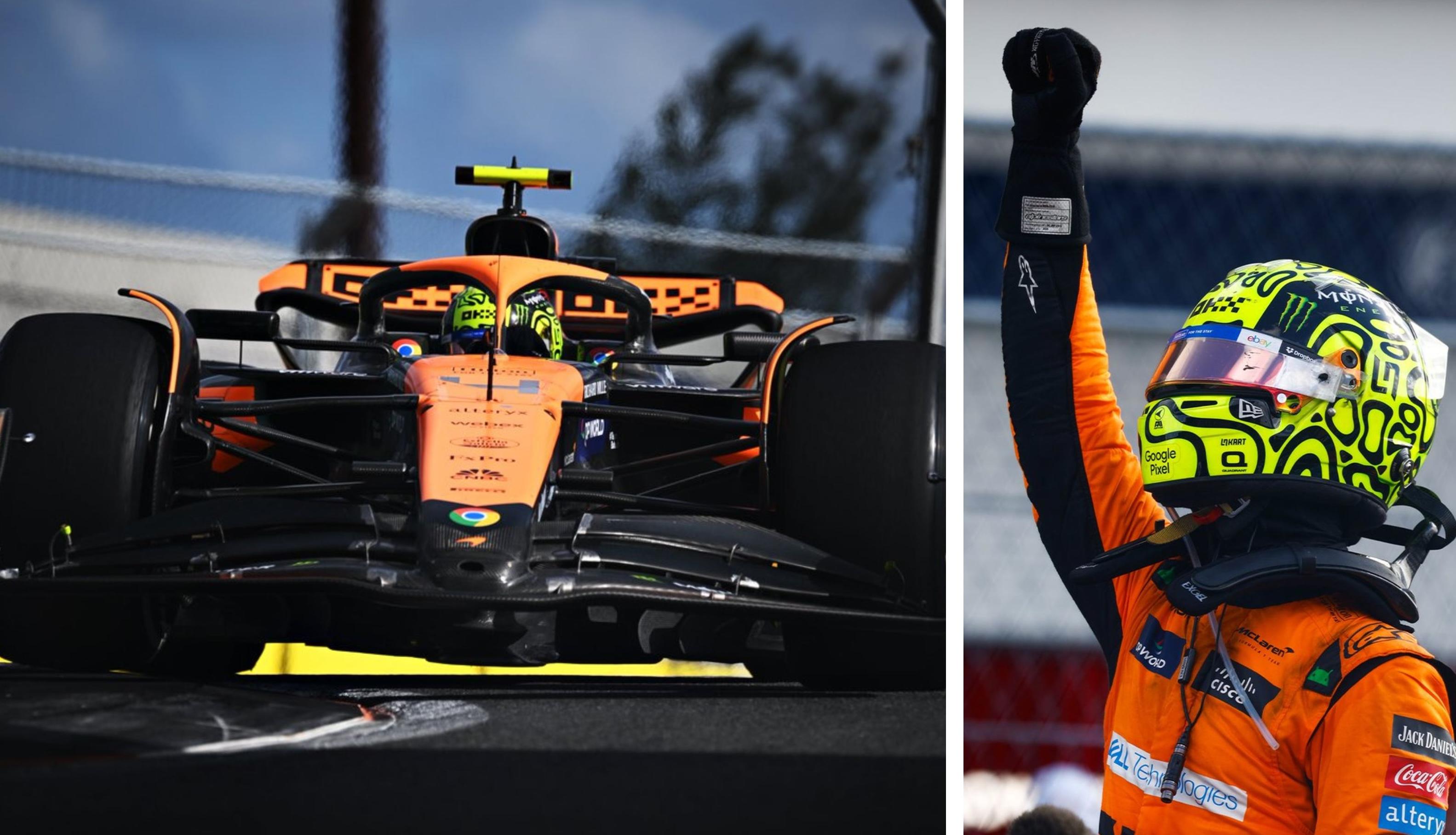 Two pictures depict Lando Norris winning an F1 race.
