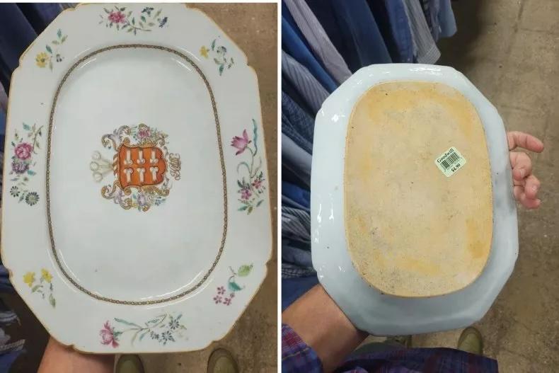 Two photos of an 18th century Chinese plate at a thrift store