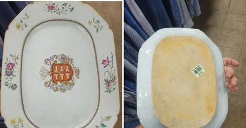 Two photos of an 18th century Chinese plate at a thrift store