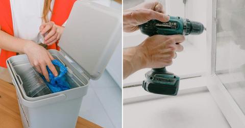 (L) A person throwing away plastic waste in a trash can. (R) A person drilling holes into a board. (Representative Cover Image Source: Pexels | (L) Shvets Production (R) Ksenia Chernaya)