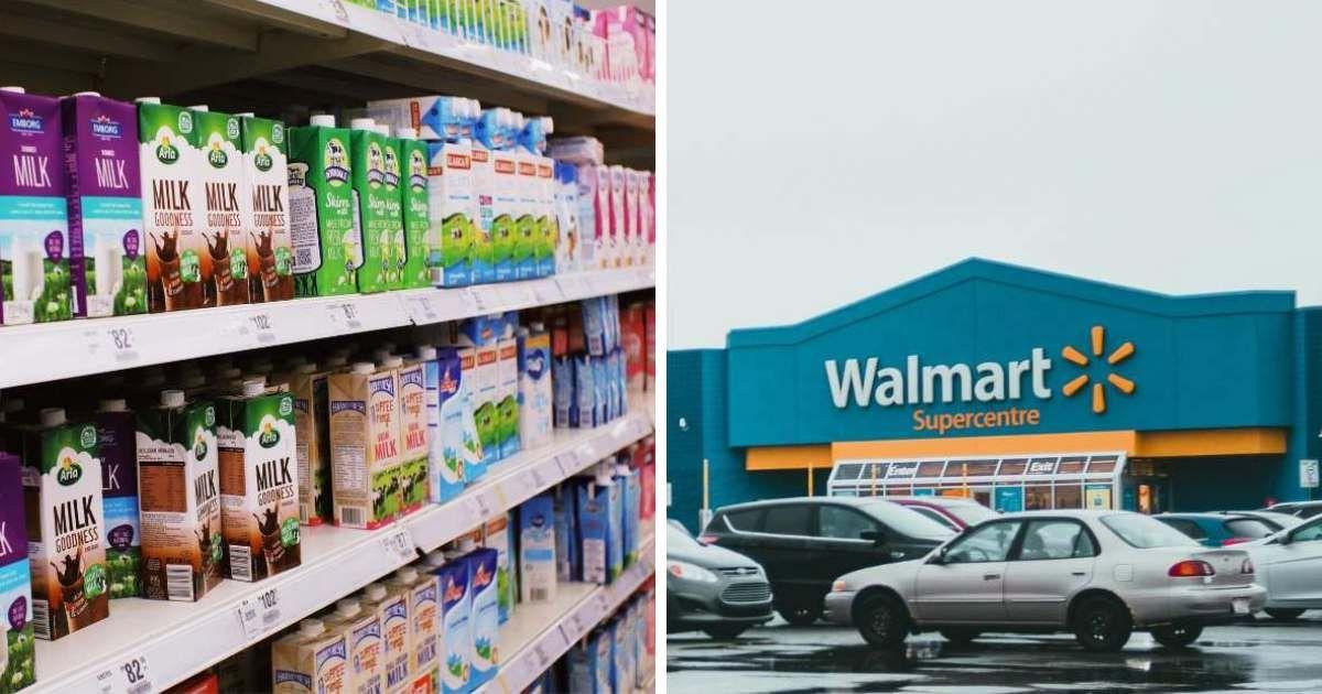 (L) Different brands of milk cartons in supermarkets and (R) a view of Walmart retail store from outside. (Representative Cover Image Source: Pixabay | (L) Ian Panelo and Pexels | (R) Erik Mclean