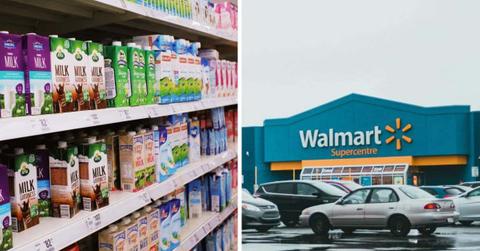 (L) Different brands of milk cartons in supermarkets and (R) a view of Walmart retail store from outside. (Representative Cover Image Source: Pixabay | (L) Ian Panelo and Pexels | (R) Erik Mclean