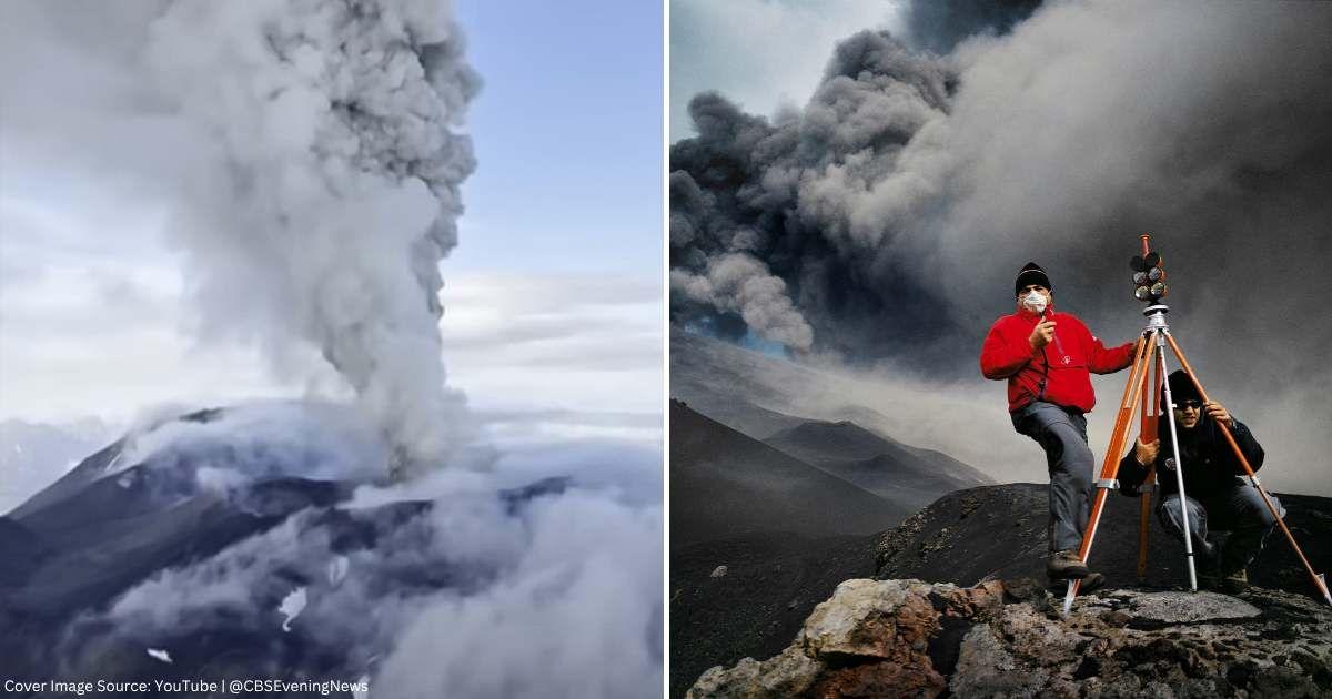 (L) Russian volcano erupts after 600 years. (Cover Image Source: YouTube | @CBSEveningNews) | (R) Two men examining a volcanic eruption. (Representative Cover Image Source: Getty Images | David Trood)