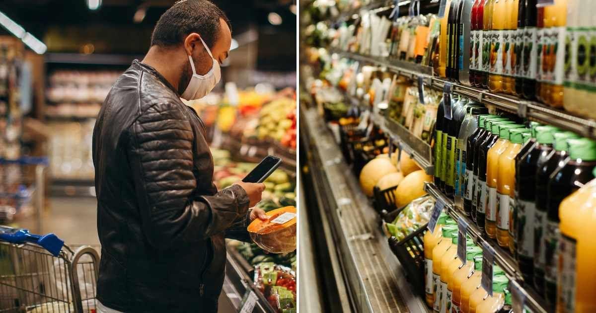 (L) A man checking the label on a supermarket product. (R) An aisle for bottled juices in a supermarket. (Representative Cover Image Source: Pexels | (L) Helena Lopes, (R) Eduardo Soares)