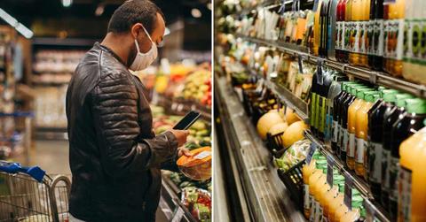(L) A man checking the label on a supermarket product. (R) An aisle for bottled juices in a supermarket. (Representative Cover Image Source: Pexels | (L) Helena Lopes, (R) Eduardo Soares)