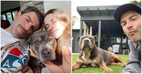 Max Greenfield and wife Tess Sanchez pose with their new dog, Darlin (left). Max Greenfield outside on the grass with Darlin (right).