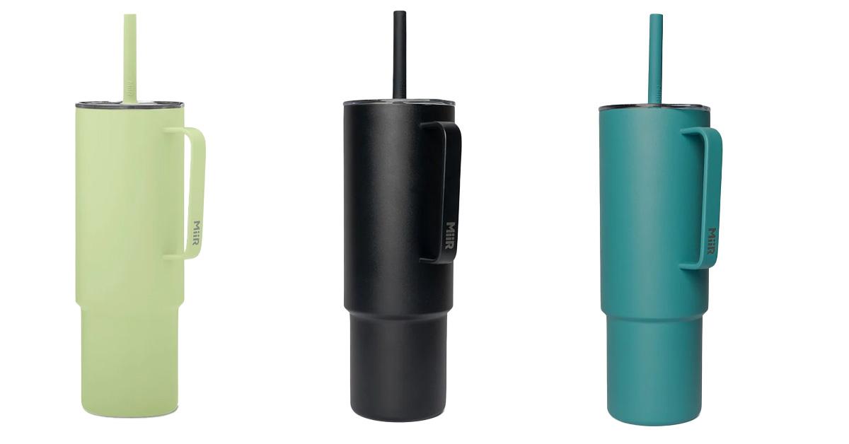 Three reusable water bottles with lids and straws in citrus green, black, and teal/turquoise