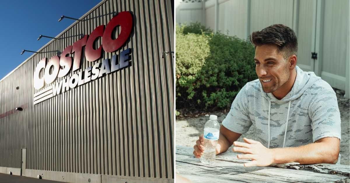 (L) A Costco store features its logo; (R) Man holding bottled water during a conversation (Representative Cover Image Source: (L) Unsplash | Marcus Reubenstein; (R) Pexels | Kindel Media)