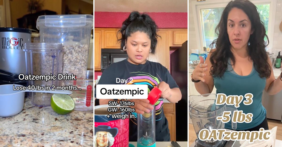 Three side-by-side images from TikToks about the "Oatzempic" drink from creators @melyy.gomez, @withlove.renita, and @lustforadventuremom