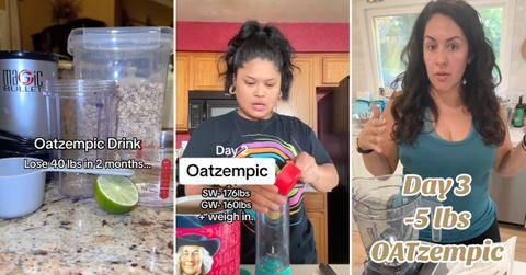 Three side-by-side images from TikToks about the "Oatzempic" drink from creators @melyy.gomez, @withlove.renita, and @lustforadventuremom
