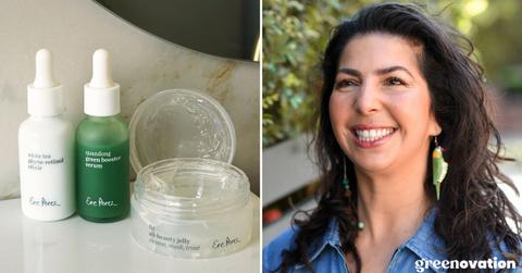 Three Ere Perez skincare products on a counter; a headshot of Ere Perez smiling