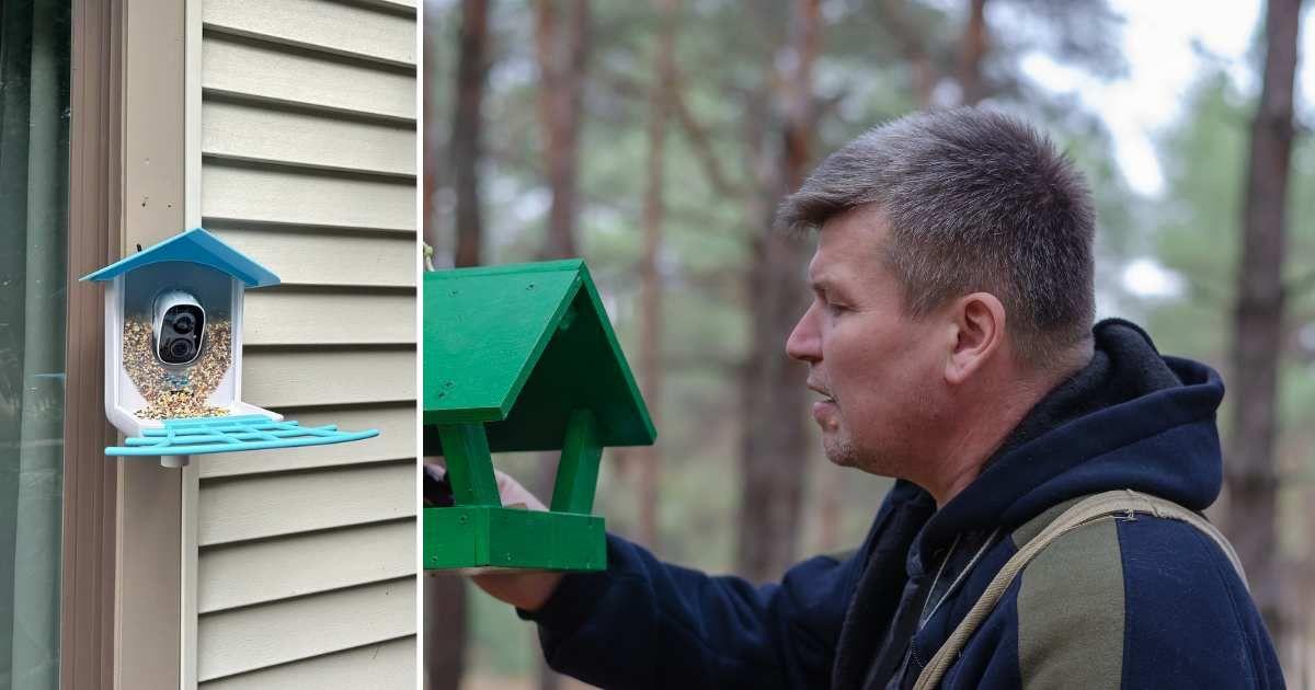(L) A bird feeder installed on a door (Cover Image Source: (L) Reddit | u/Lots_Loafs11) | (R) A man checks his bird feeder. (Representative Cover Image Source: Getty Images | Michael Dmitriev)