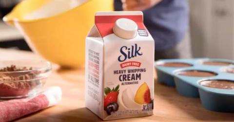 A carton of Silk Dairy-Free Heavy Whipping Cream Alternative on a counter