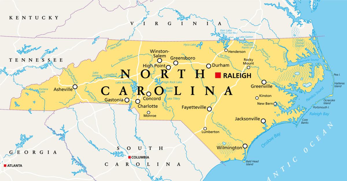 Photo of North Carolina and its cities on a map