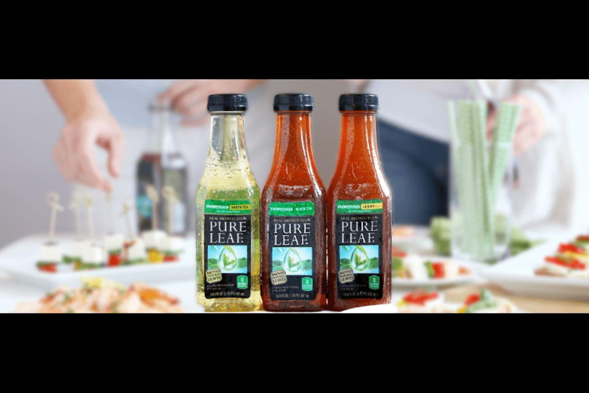 Pure Leaf bottles of iced tea lined up on a table