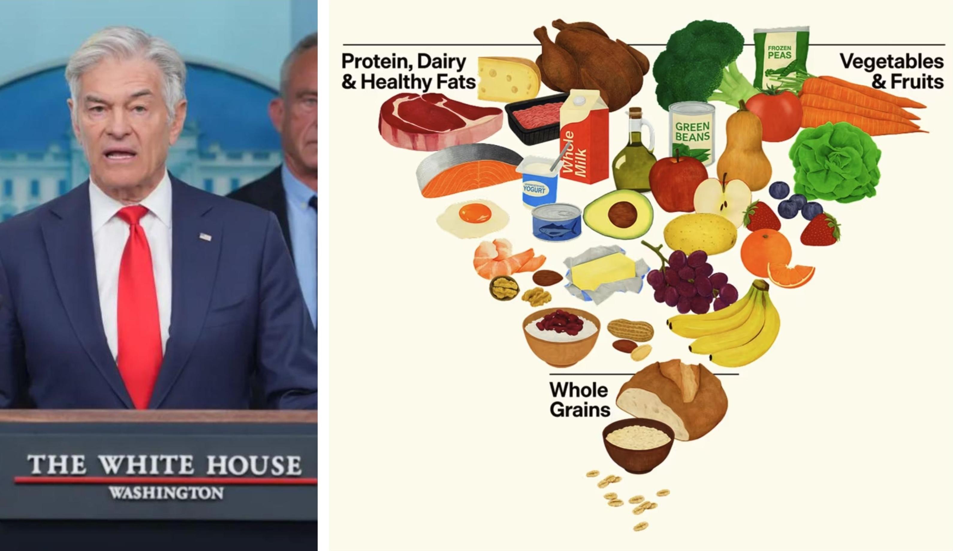 Dr. Oz speaks at a press conference (left) and the new inverted food pyramid (right).
