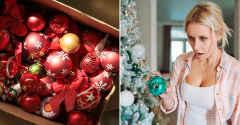 (L) Christmas decoration items inside a cardboard box. (R) Woman shocked by looking at the green Christmas ball. (Representative Cover Image Sources: Getty Images | (L) Liubov Isaeva, (R) Olga Rolenko)