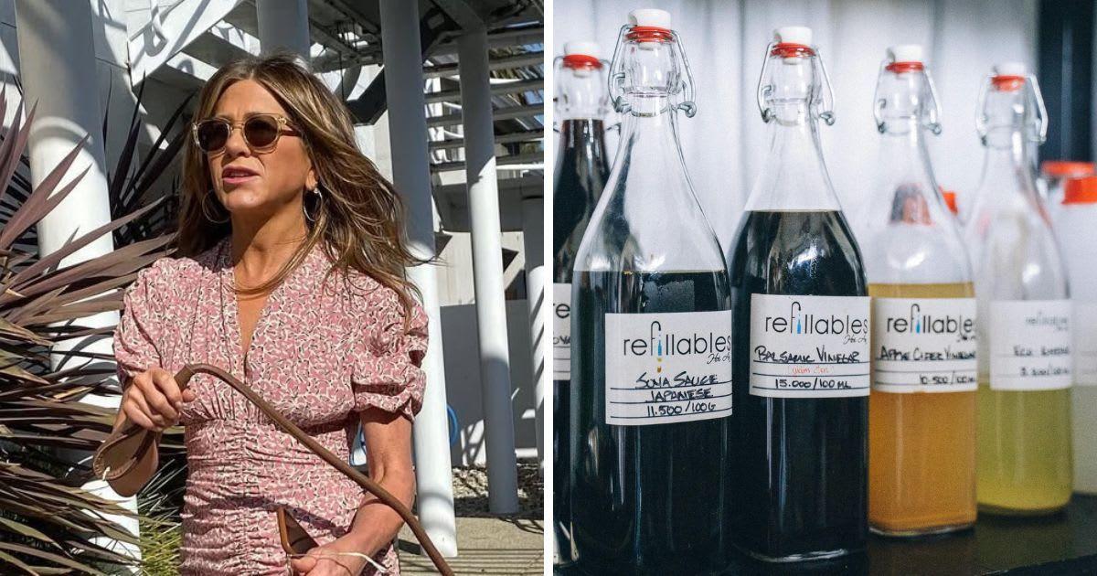 (L) Jennifer Aniston waking out with her pet. (R) Condiments and liquid bottles on a shelf. (Representative Cover Image Source: (L) Instagram | @jenniferaniston, (R) Pexels | Anna Tarazevich)