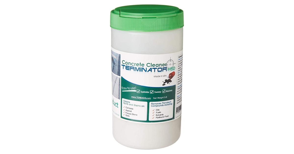 white and green jar of concrete cleaner