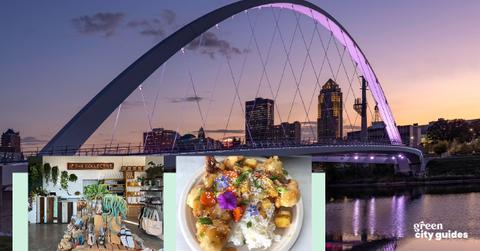 Photo of the Rider Way Pedestrian Bridge in Des Moines, Iowa, alongside smaller photos from THE COLLECTIVE and Des Fresh Instagram pages