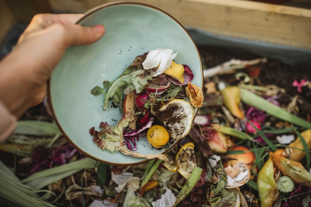 Organic food waste being placed in a compost bin