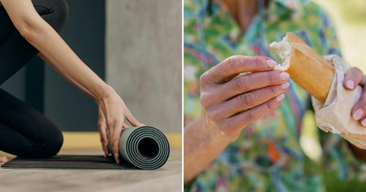 (L) Woman unrolls a yoga mat on the floor, (R) A person breaks a piece of bread. (Representative Cover Image Source: Pexels | (L) Mikhail Nilov, (R) SHVETS Productions)
