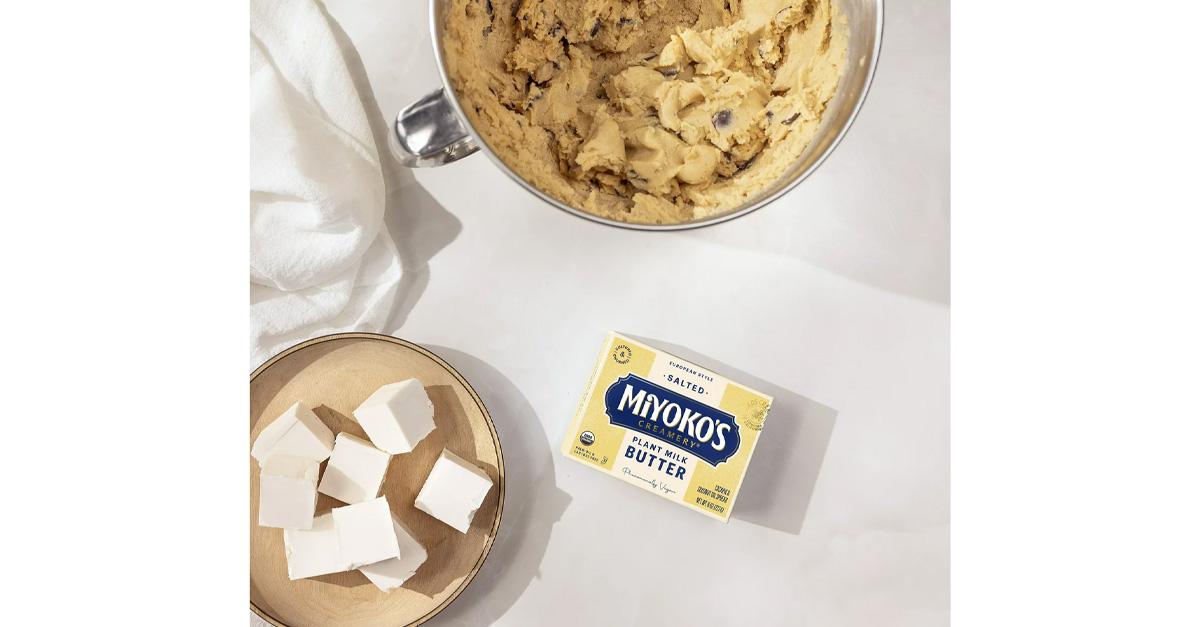 Miyoko's Salted European Style Plant Milk Butter, chunks of vegan butter on a plate