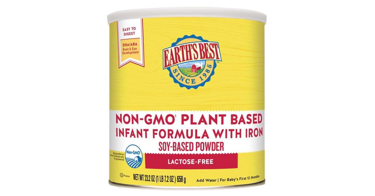 A yellow can of Earth's Best's Non-GMO Plant Based Soy Baby Formula.