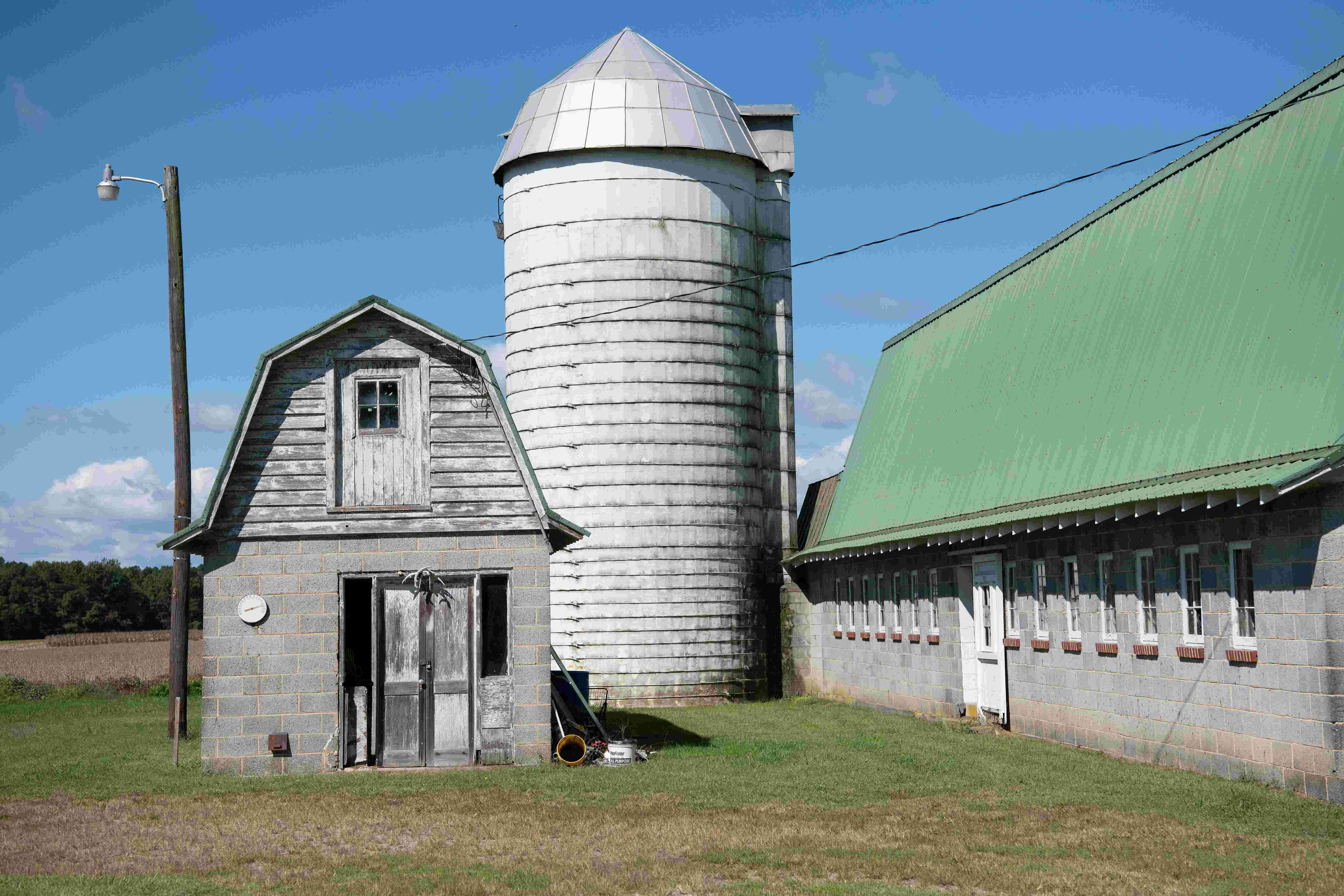 A chicken storage building is pictured beside a grain silo on an animal farm.