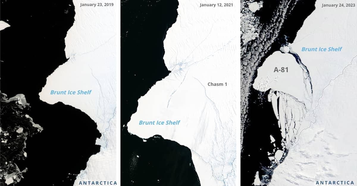 Three images depicting the progression of the iceberg A-81 breaking from the Brunt Ice Shelf over the period of 3 years