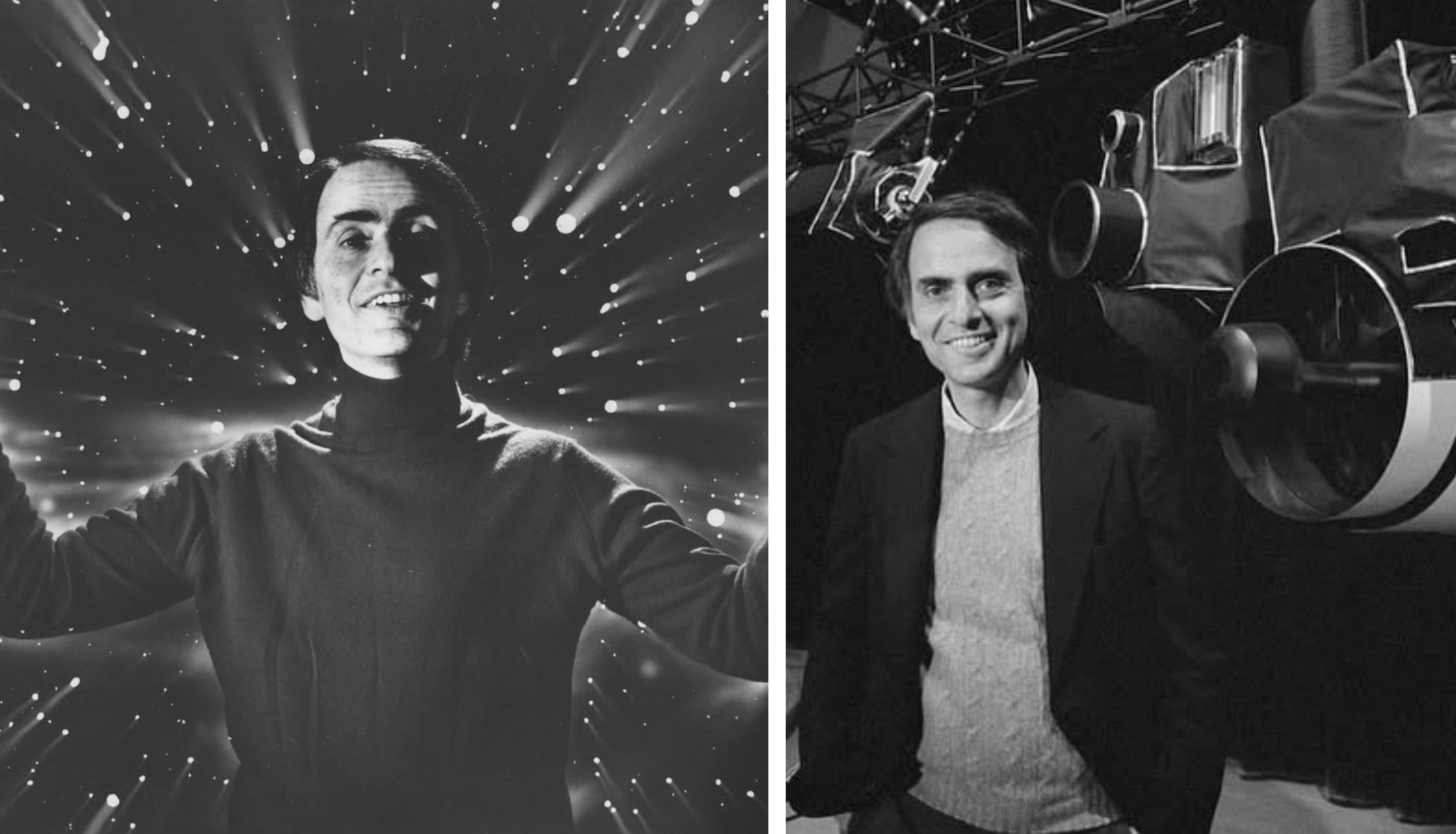 Two pictures of Carl Sagan appear in black and white.