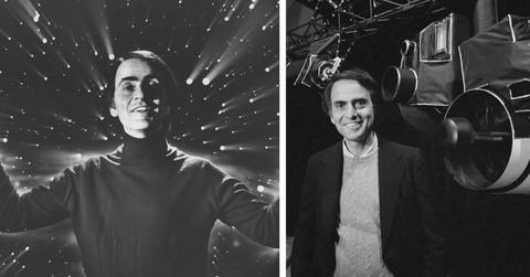 Two pictures of Carl Sagan appear in black and white.