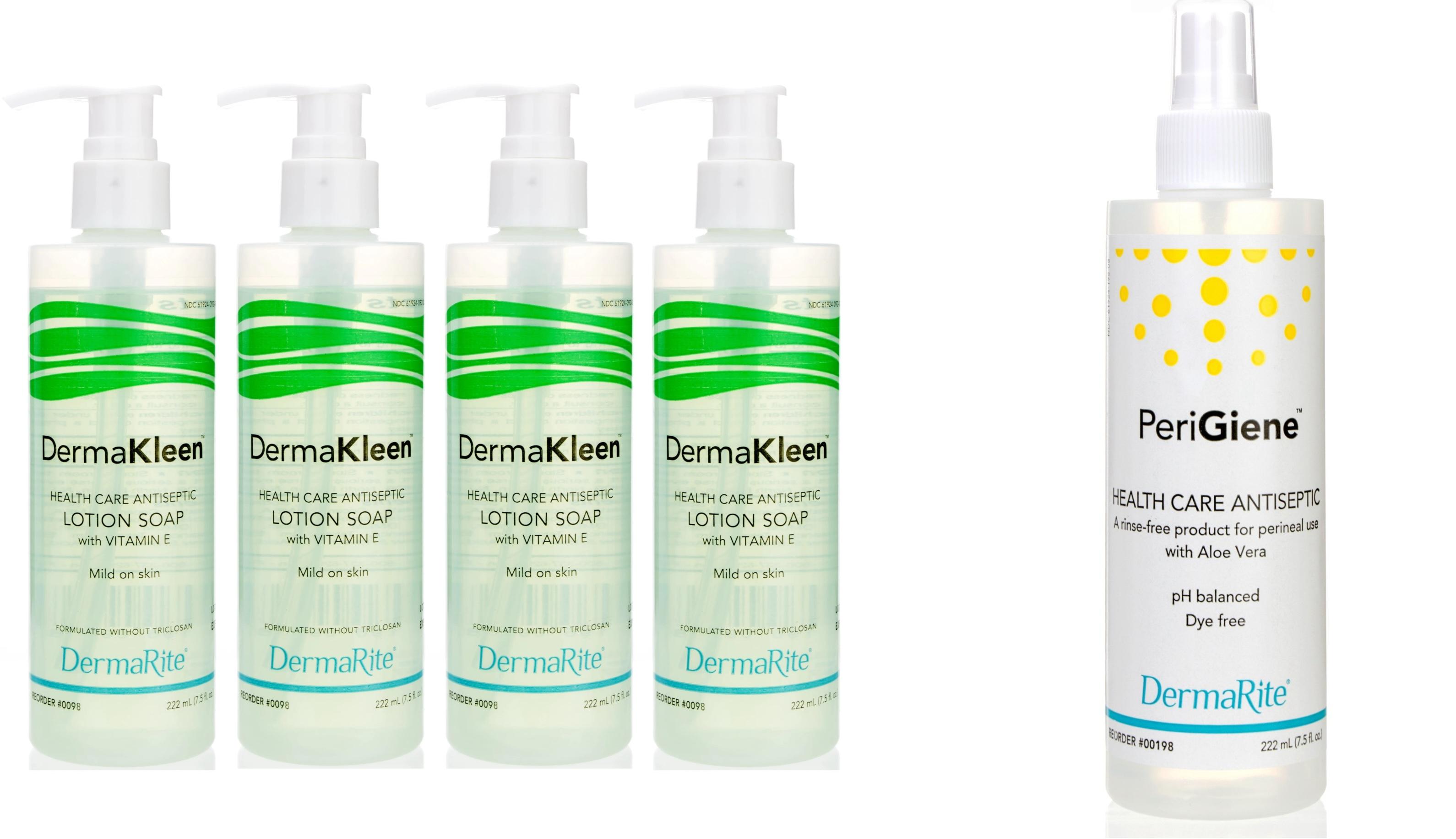 DermaKleen lotion soap and PeriGiene antiseptic cleanser products are pictured side-by-side.