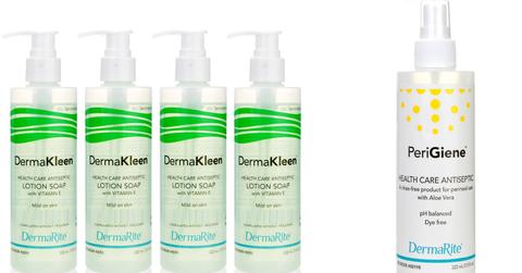 DermaKleen lotion soap and PeriGiene antiseptic cleanser products are pictured side-by-side.