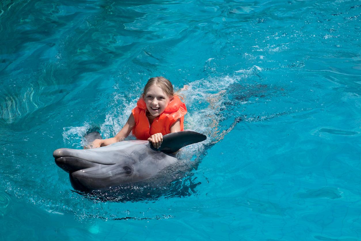 A smiling young girl in an orange life preserver rides on the back of a dolphin.