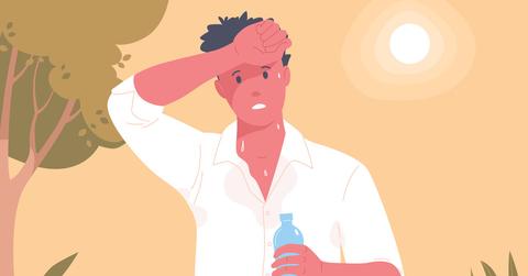 A flat cartoon style image of a man wiping his face while sweating during the day while holding a bottle of water.