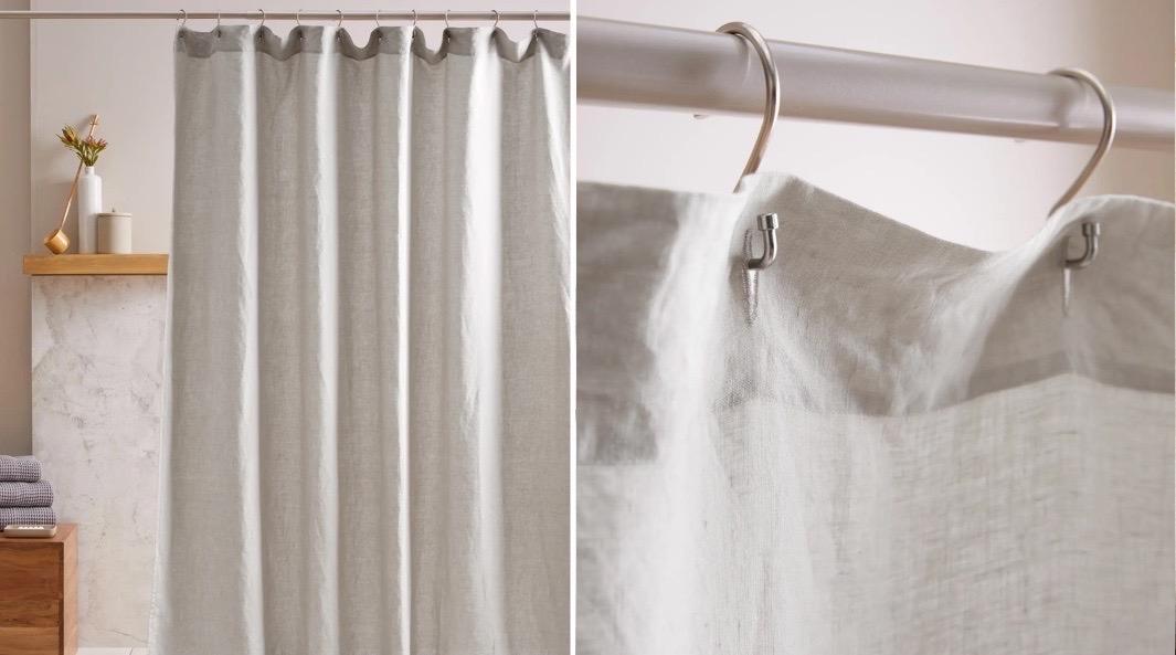 Two photos of Quince's linen shower curtain