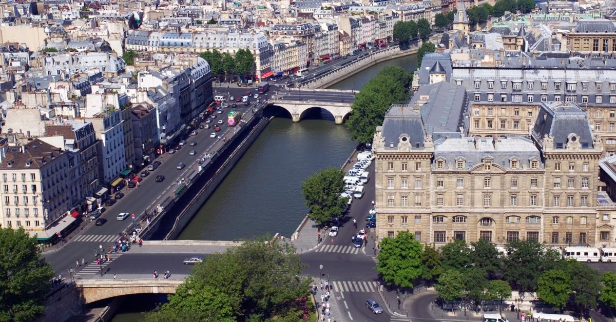 Arial view of the Seine river with cars. 