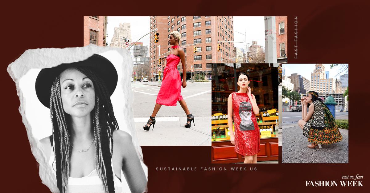 Collage image featuring a black-and-white headshot of Sustainable Fashion Week US founder Bridgett Artise, photos of models wearing Artise's reworked vintage brand Born Again Vintage, and the Green Matters "Not so Fast Fashion Week" logo 