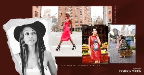 Collage image featuring a black-and-white headshot of Sustainable Fashion Week US founder Bridgett Artise, photos of models wearing Artise's reworked vintage brand Born Again Vintage, and the Green Matters "Not so Fast Fashion Week" logo
