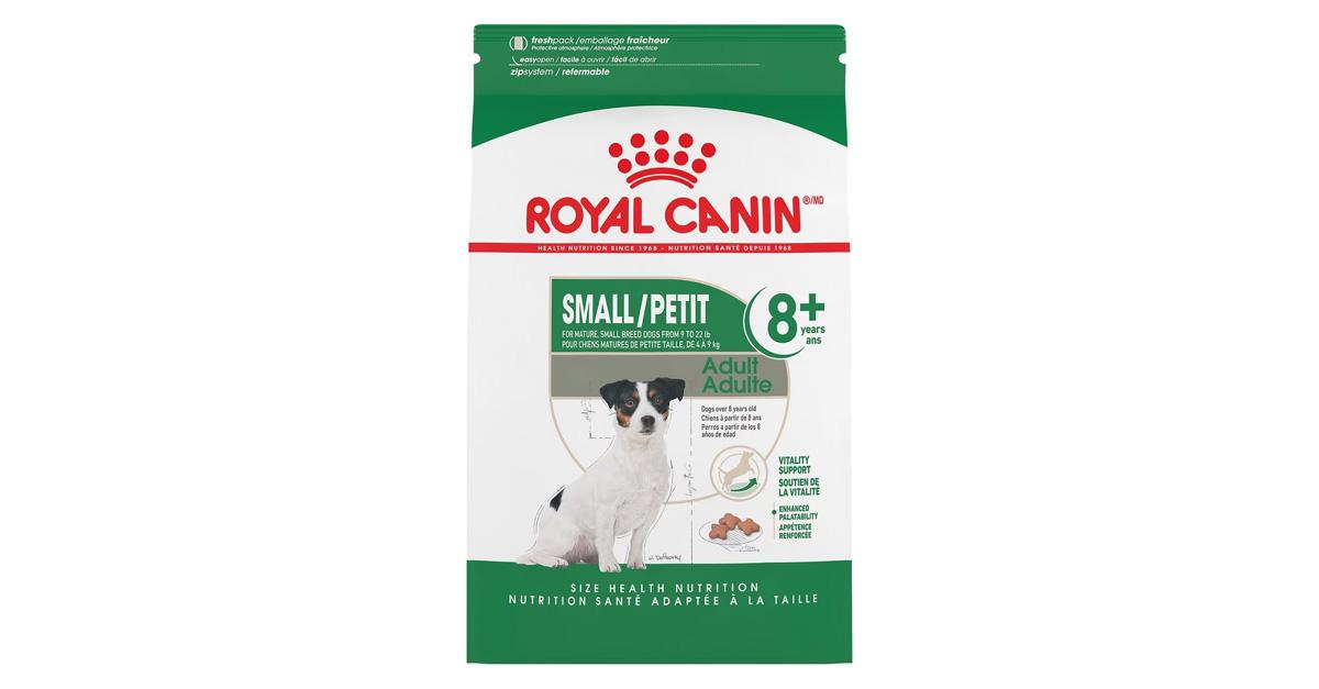 Royal Canin Size Health Nutrition Small Adult 8+ Dry Dog Food in a green and white bag wit a picture of a dog