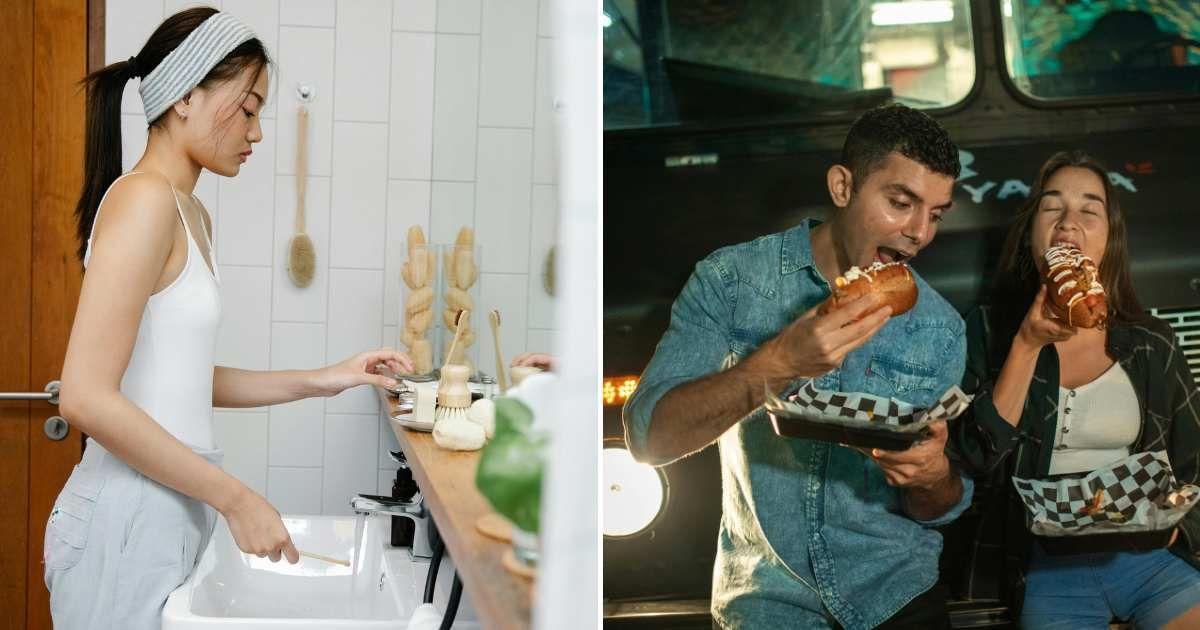 (L) A woman doing her nightly hygiene routine in the bathroom. (R) Two people enjoying a late-night snack. (Representative Cover Image Source: Pexels | (L) Sarah Chai, (R) RDNE Stock Project)